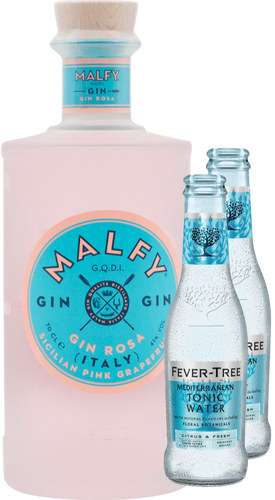 An image of a Malfy Rosa Gin Gift Box with two Fever-Tree Mediterranean tonic waters