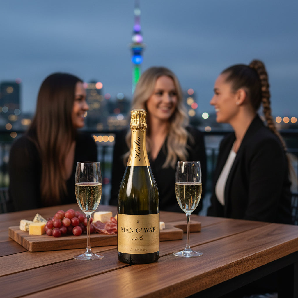 Load image into Gallery viewer, Bottle of MAN O' WAR Kulta Tulia Blanc de Blanc Methode Traditionelle sparkling wine with two glasses on a table with women in the background at night.