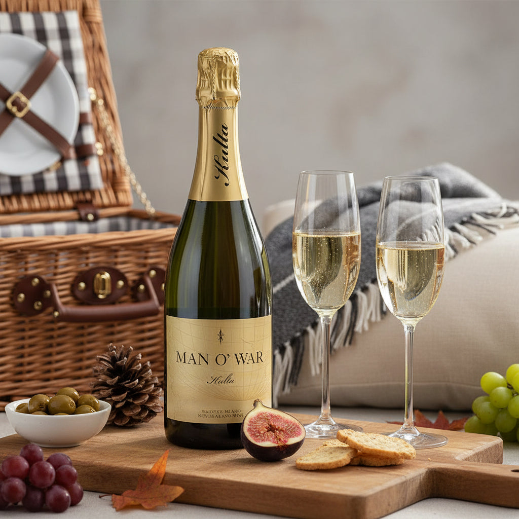 Load image into Gallery viewer, Bottle of MAN O' WAR Kulta Tulia Blanc de Blanc Methode Traditionelle sparkling wine with two glasses on a wooden board, picnic setting.