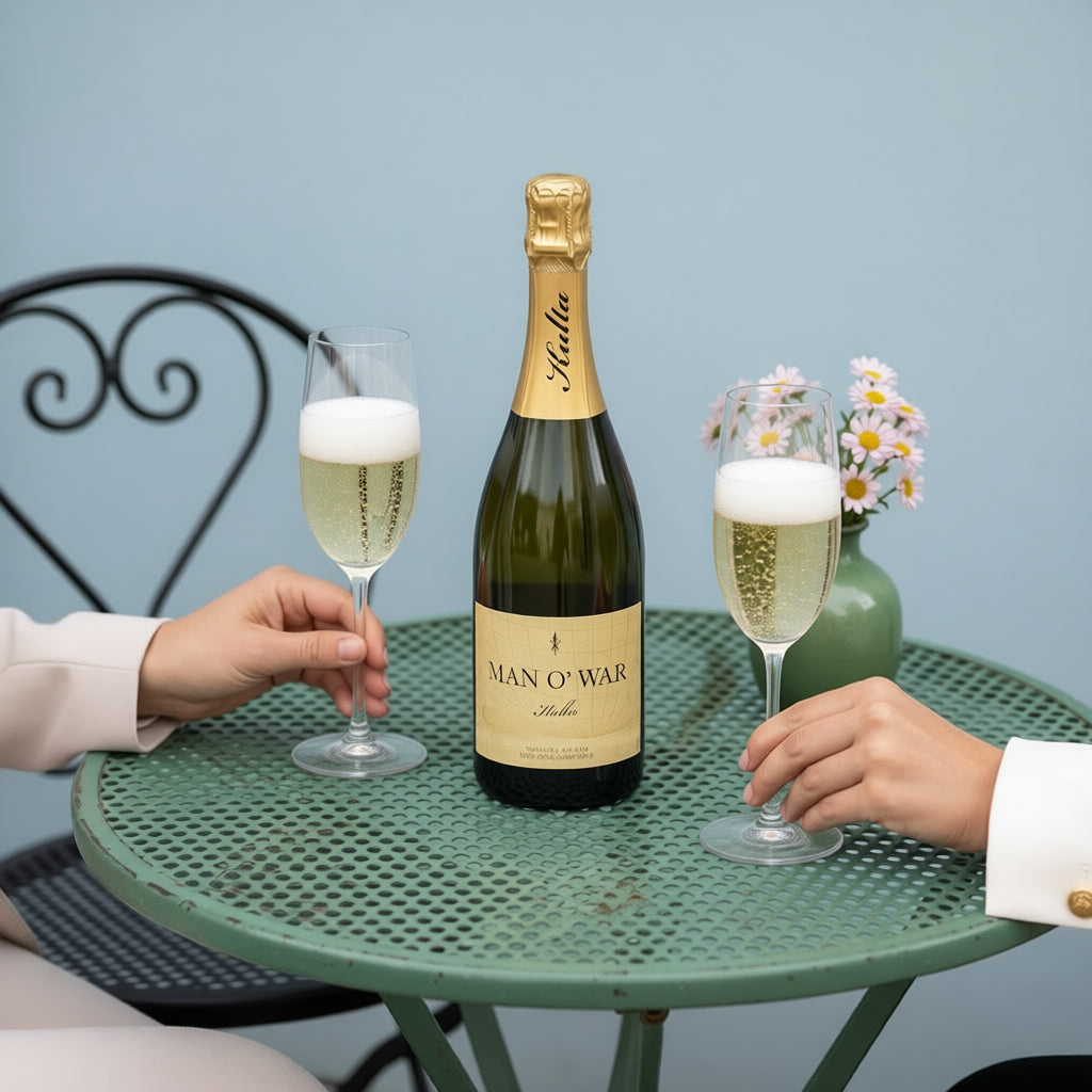 Load image into Gallery viewer, Two people holding champagne glasses with a bottle of MAN O' WAR Kulta Tulia Blanc de Blanc Methode Traditionelle sparkling wine on a small table.