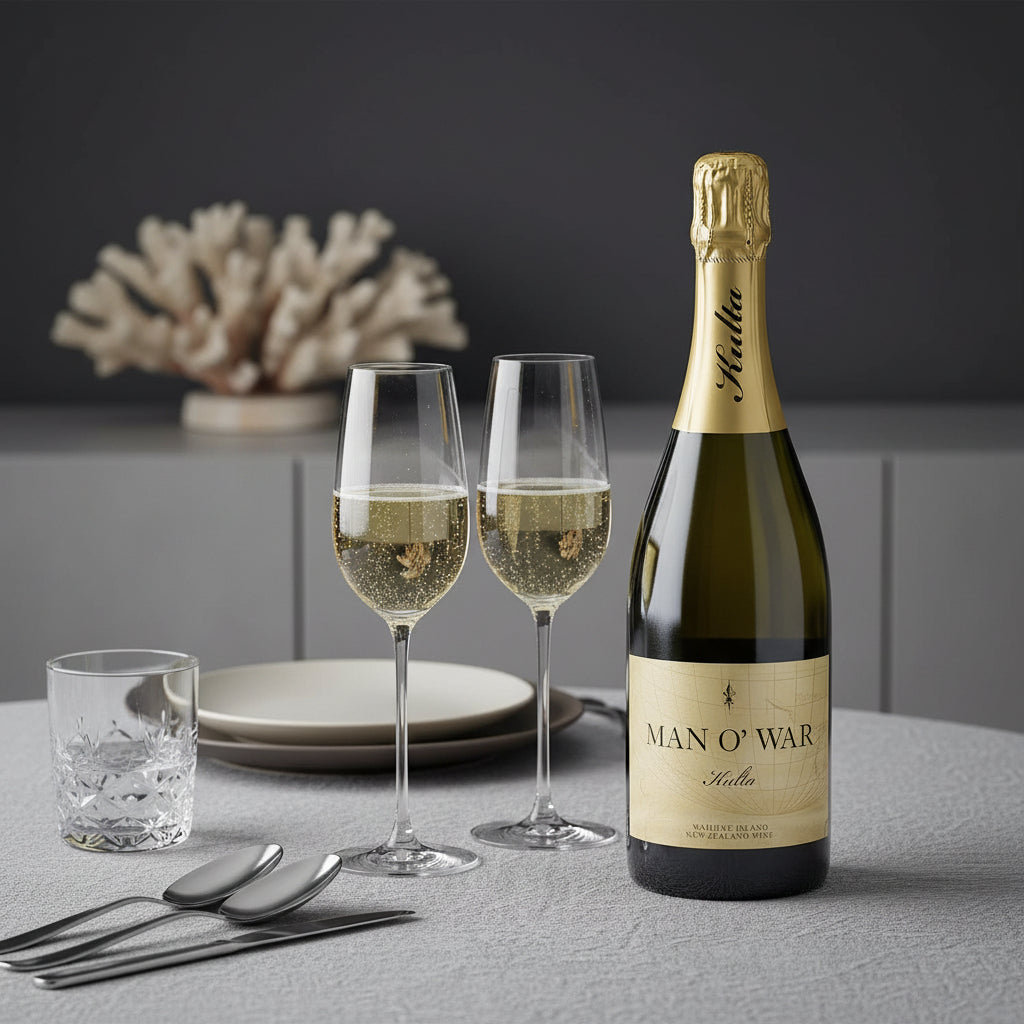 Load image into Gallery viewer, Bottle of MAN O' WAR Kulta Tulia Blanc de Blanc Methode Traditionelle sparkling wine with two glasses on a table.