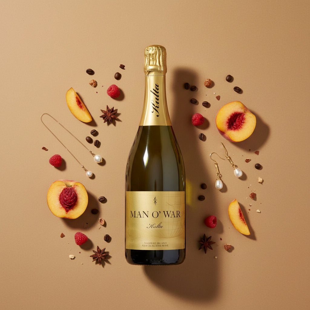 Load image into Gallery viewer, Bottle of MAN O' WAR Kulta Tulia Blanc de Blanc Methode Traditionelle sparkling wine surrounded by fruit and spices on a beige background
