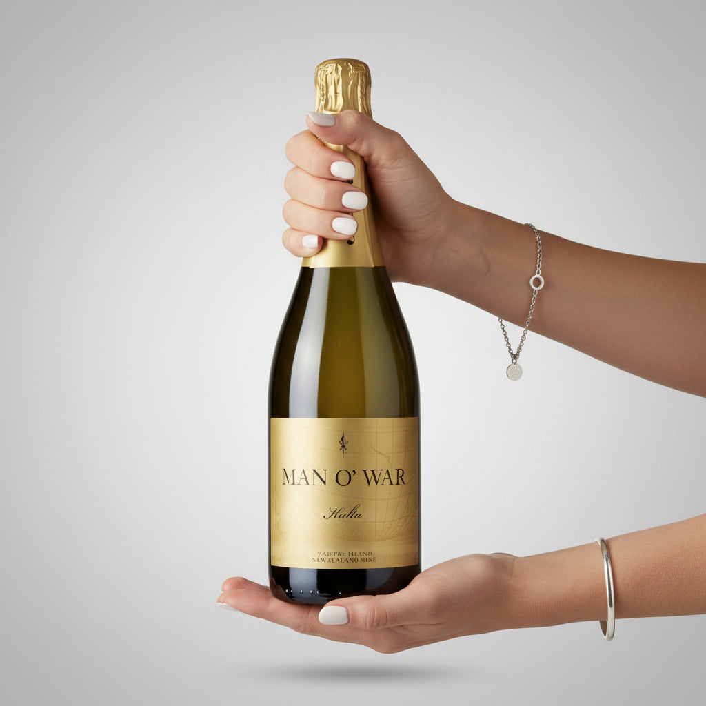 Load image into Gallery viewer, Woman's hands holding a bottle of MAN O' WAR Kulta Tulia Blanc de Blanc Methode Traditionelle sparkling wine against a grey background