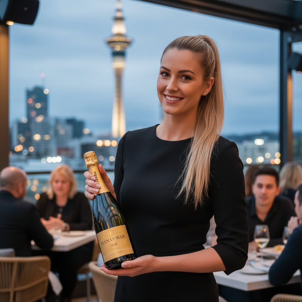 Load image into Gallery viewer, Woman holding a bottle of MAN O' WAR Kulta Tulia Blanc de Blanc Methode Traditionelle sparkling wine in an outdoor restaurant setting with Auckland city skyline in the background