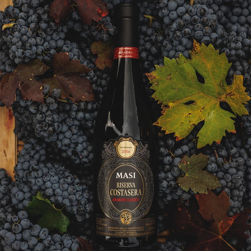 Load image into Gallery viewer, Bottle of MASI Amarone Riserva di Costasera Classico wine surrounded by grapes and leaves