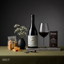 Load image into Gallery viewer, MITOLO MARSICAN SHIRAZ red wine bottle, glass, packet of handcrafted 36 Degrees Vanilla fudge and Bennetts Dark chocolate bar on a dark background.
