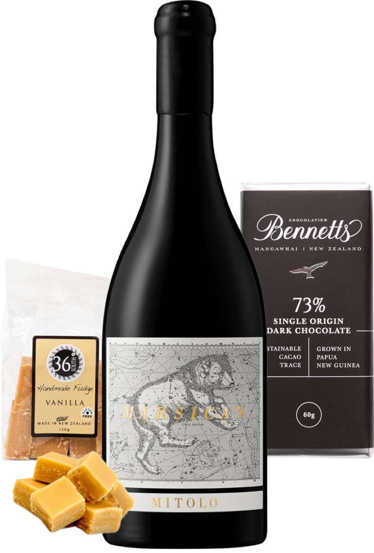 Wine bottle with Bennetts Dark chocolate and 36 Degrees vanilla fudge on a white background