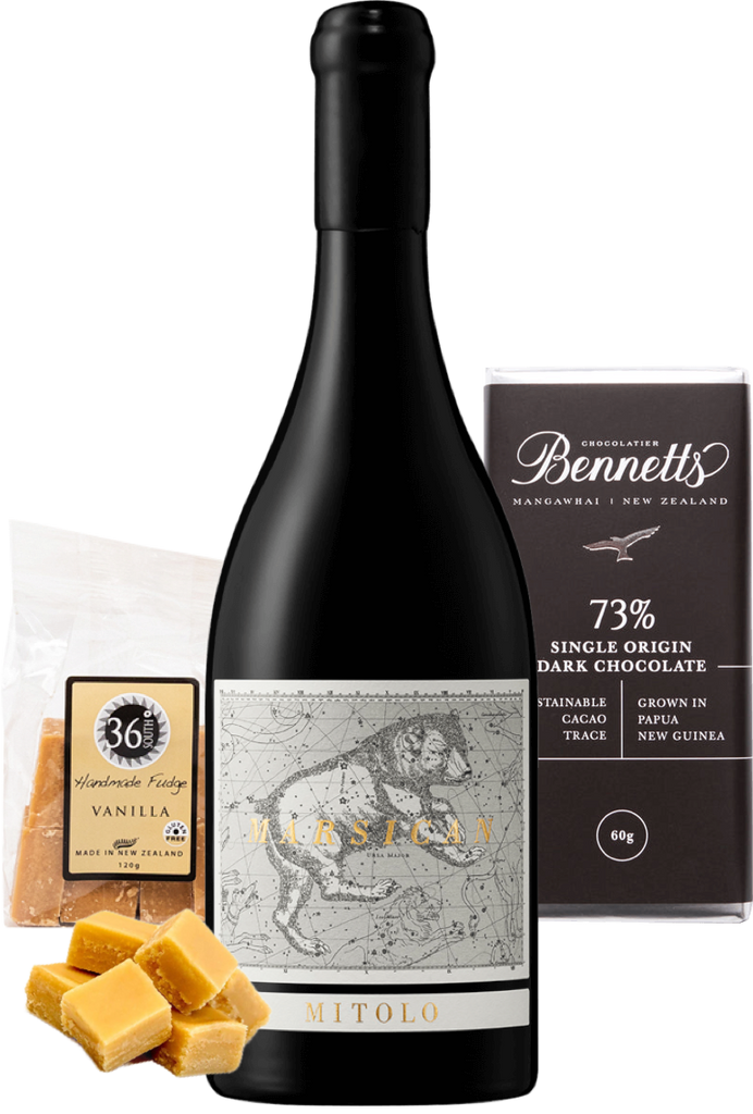 Wine bottle with Bennetts Dark chocolate and 36 Degrees vanilla fudge on a white background