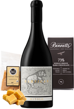 Load image into Gallery viewer, Wine bottle with Bennetts Dark chocolate and 36 Degrees vanilla fudge on a white background