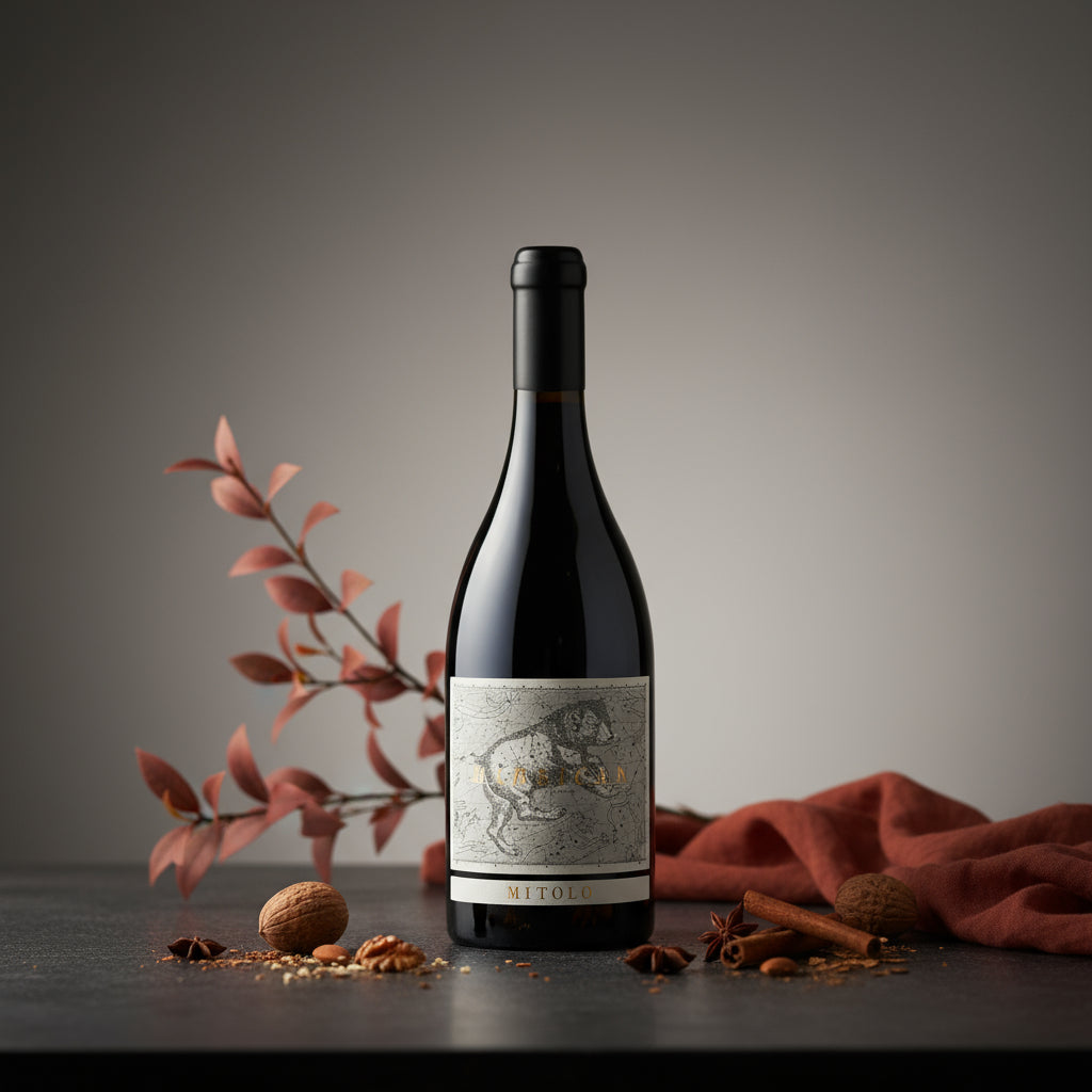 A bottle of MITOLO-MARSICAN-SHIRAZ  bottle with decorative elements on a dark surface
