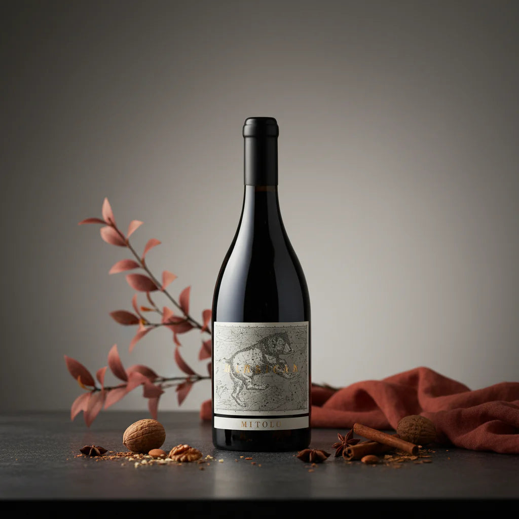 Load image into Gallery viewer, A bottle of red wine and nuts and flowers on a table.