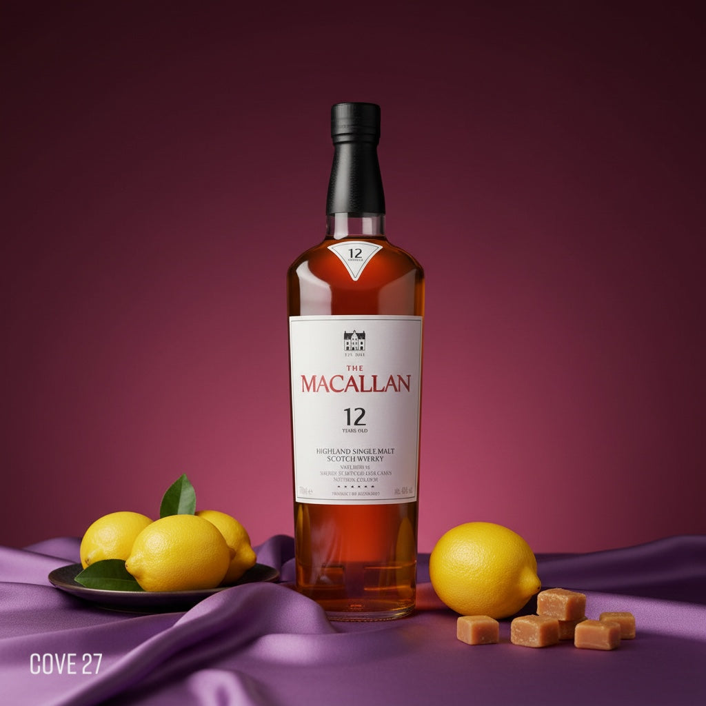 Load image into Gallery viewer, Macallan 12 year old double cask
whiskey bottle with lemons and brown sugar on a purple fabric background