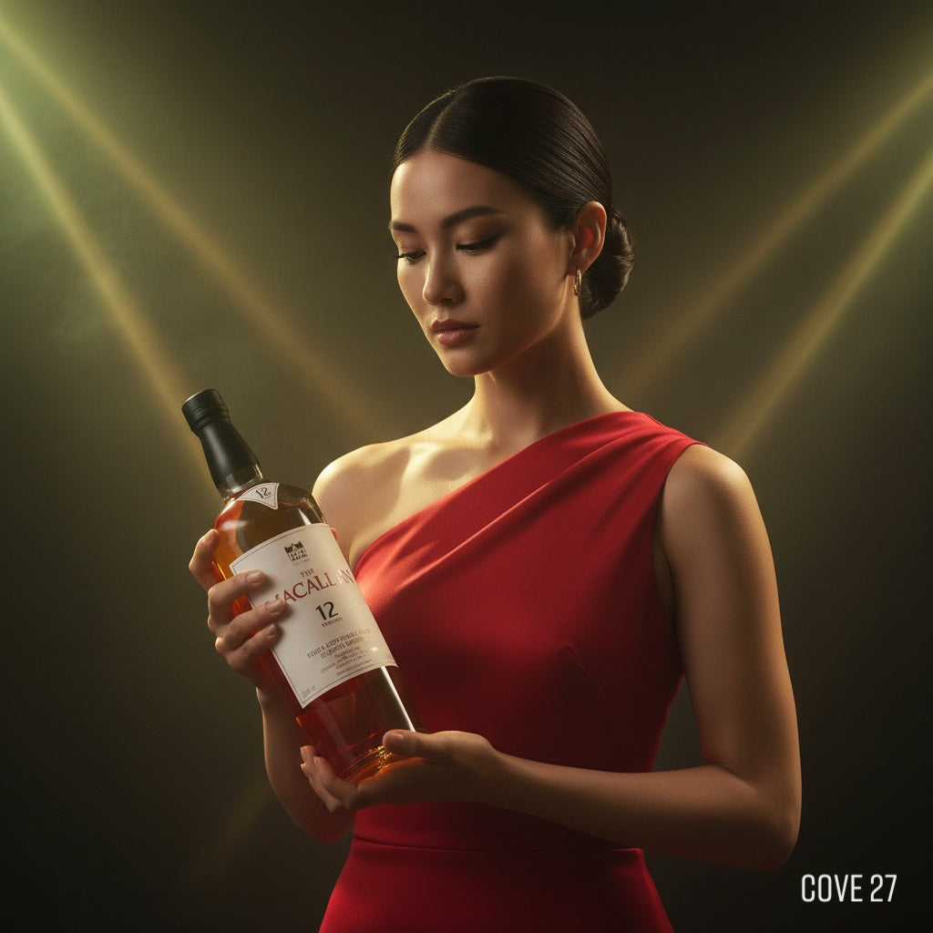 Load image into Gallery viewer, Woman in a red dress holding a bottle of Macallan 12 year old whisky against a dark background
