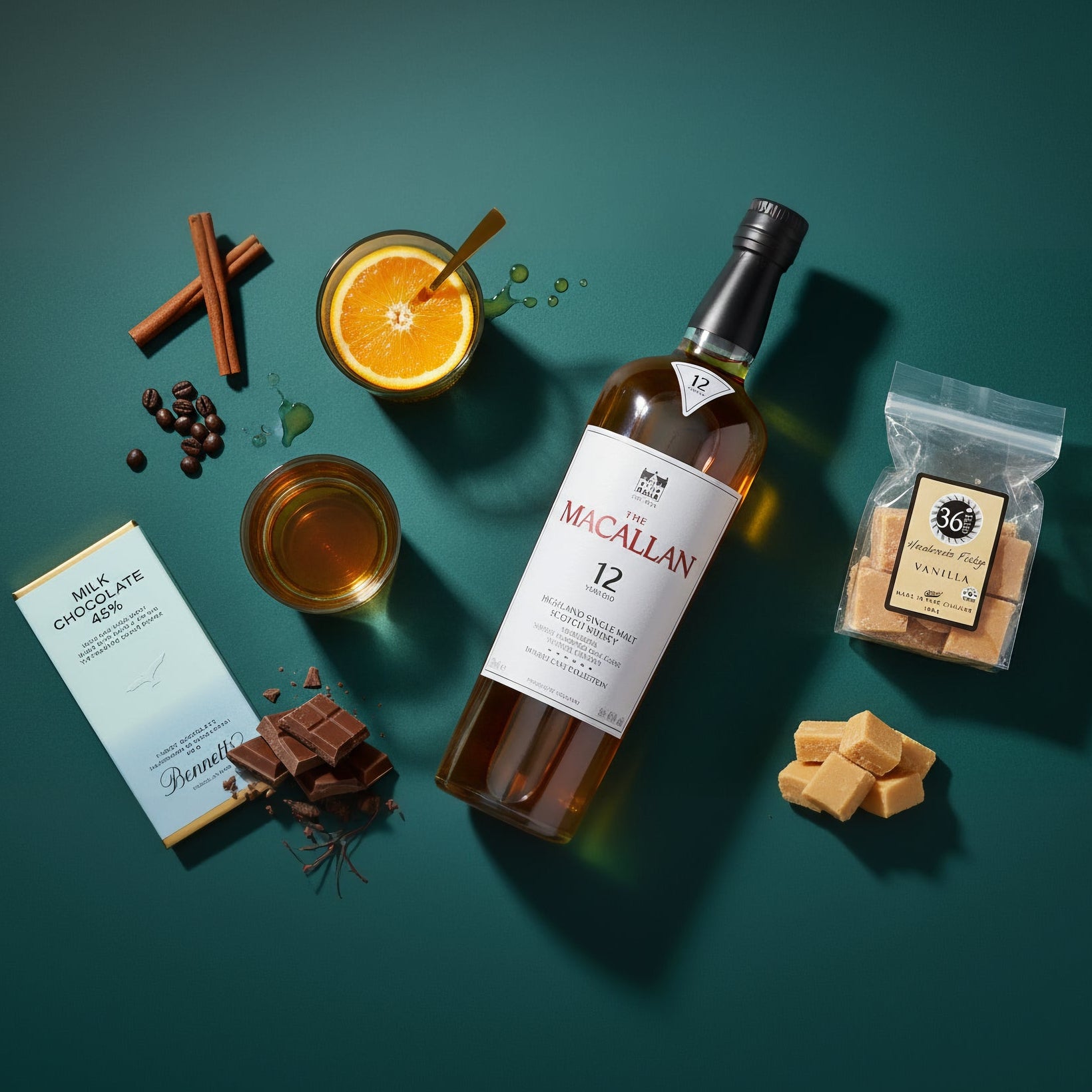 Load image into Gallery viewer, Bottle of Macallan 12 year old whisky gift box with snacks and drinks on a green background