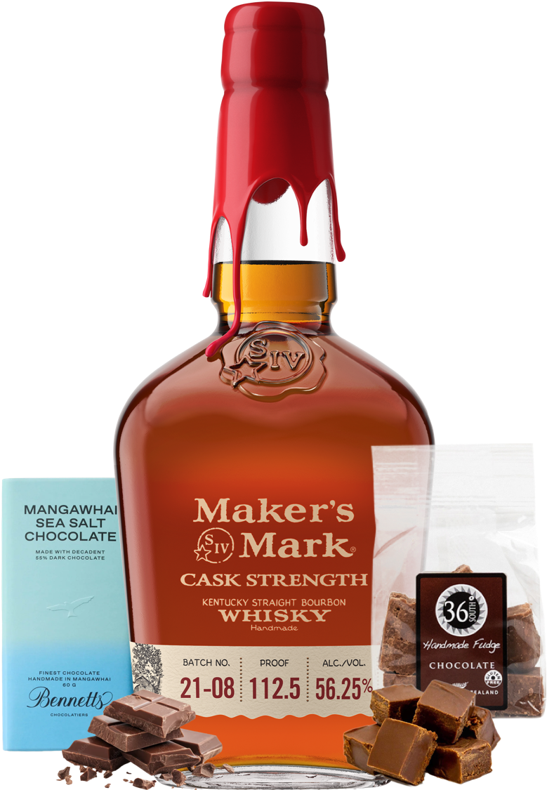 Load image into Gallery viewer, A bottle of Maker's Mark Cask Strength Bourbon centred on a white background, flanked by a light blue box of Mangawhai sea salt chocolate and a small bag of chocolate pieces, with scattered chocolate chunks at the base.