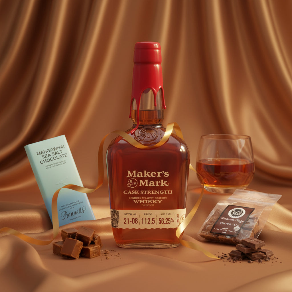 Load image into Gallery viewer, A bottle of Maker's Mark Cask Strength Bourbon centred on draped satin fabric, with a glass of amber liquor, a chocolate bar, and chocolate pieces arranged around it. The bottle has a red wax seal and gold ribbon accents, and the background is warm brown fabric.