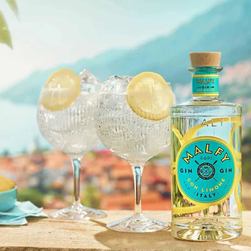 Load image into Gallery viewer, A bottle of lemon gin and two glasses of gin and tonic with a lemon wedge in them on a background of the sea and mountains in Italy.
