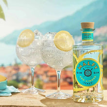Load image into Gallery viewer, A bottle of lemon gin and two glasses of gin and tonic with a lemon wedge in them on a background of the sea and mountains in Italy.