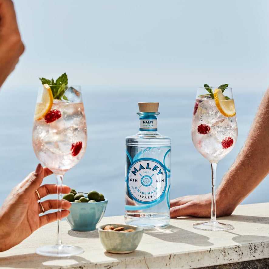 Load image into Gallery viewer, Two people enjoying a Malfy Originale gin and tonic with lemon and berries by the sea.