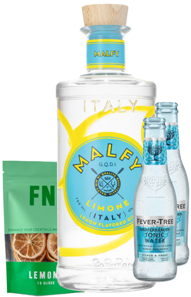 An image of a Malfy Limone Gin Gift Box including 2 bottles of fever-tree mediterranean tonic waters and a pouch of lemon garnish slices