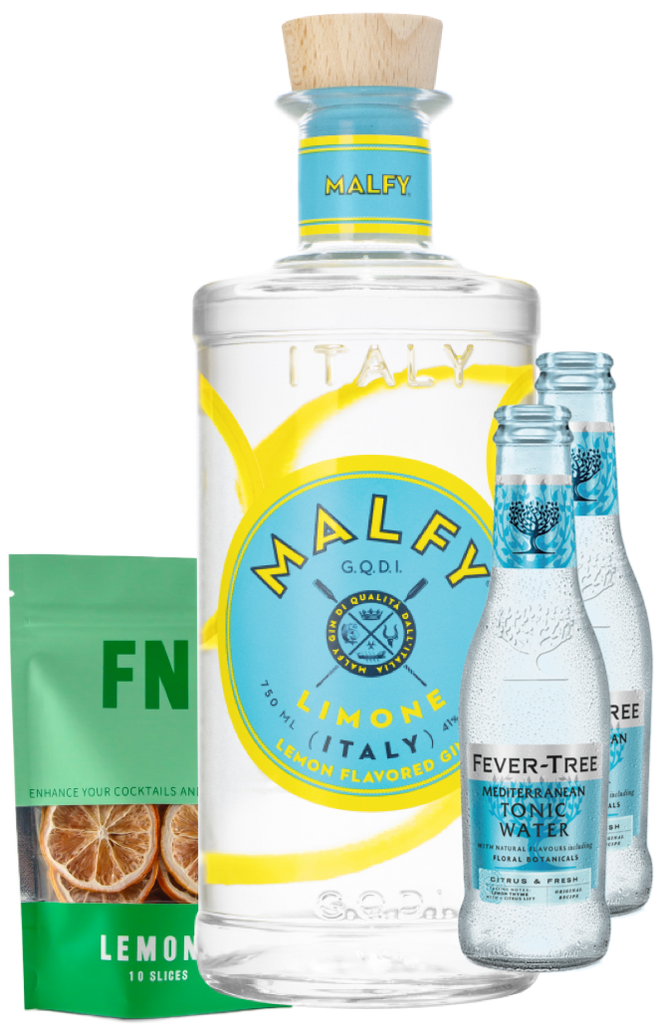 An image of a Malfy Limone Gin Gift Box including 2 bottles of fever-tree mediterranean tonic waters and a pouch of lemon garnish slices