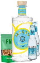 Load image into Gallery viewer, An image of a Malfy Limone Gin Gift Box including 2 bottles of fever-tree mediterranean tonic waters and a pouch of lemon garnish slices