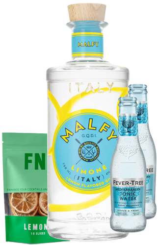 An image of a Malfy Limone Gin Gift Box including 2 bottles of fever-tree mediterranean tonic waters and a pouch of lemon garnish slices