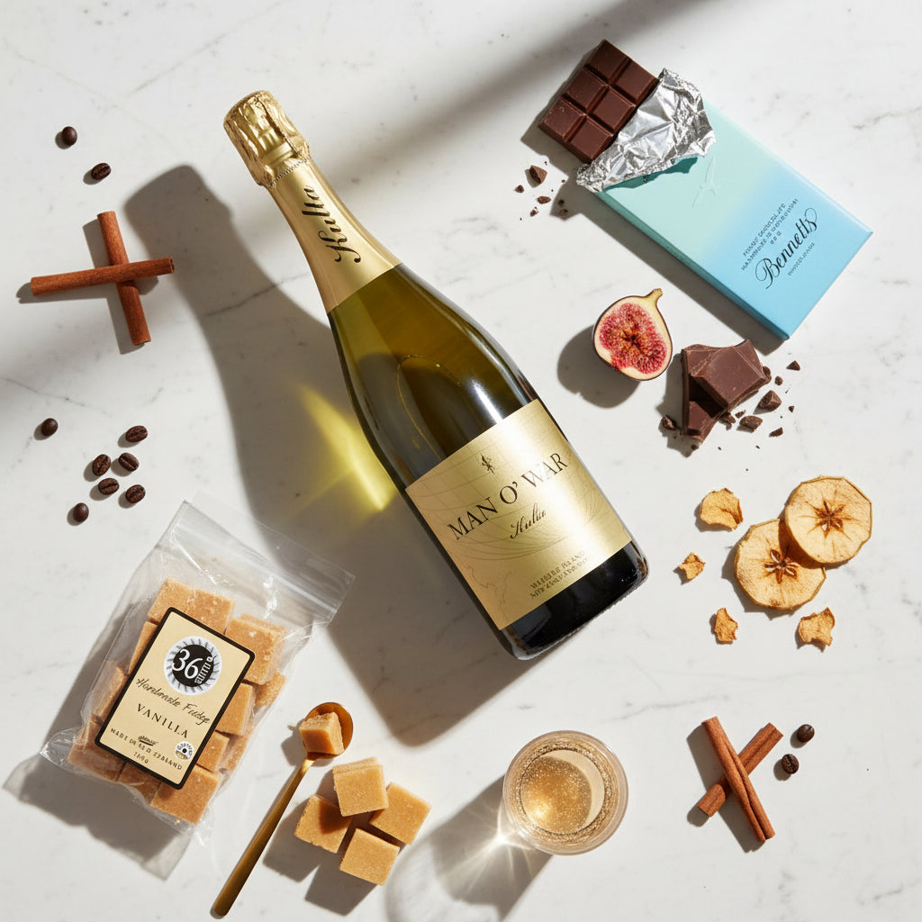 Load image into Gallery viewer, A bottle of Man O’ War Kulta Tulia Blanc de Blanc styled in a flat lay with a bag of 36 Degrees vanilla fudge, vanilla fudge pieces, a Bennett's chocolate bar, dried figs, cinnamon sticks, and coffee beans on a white marble background.
