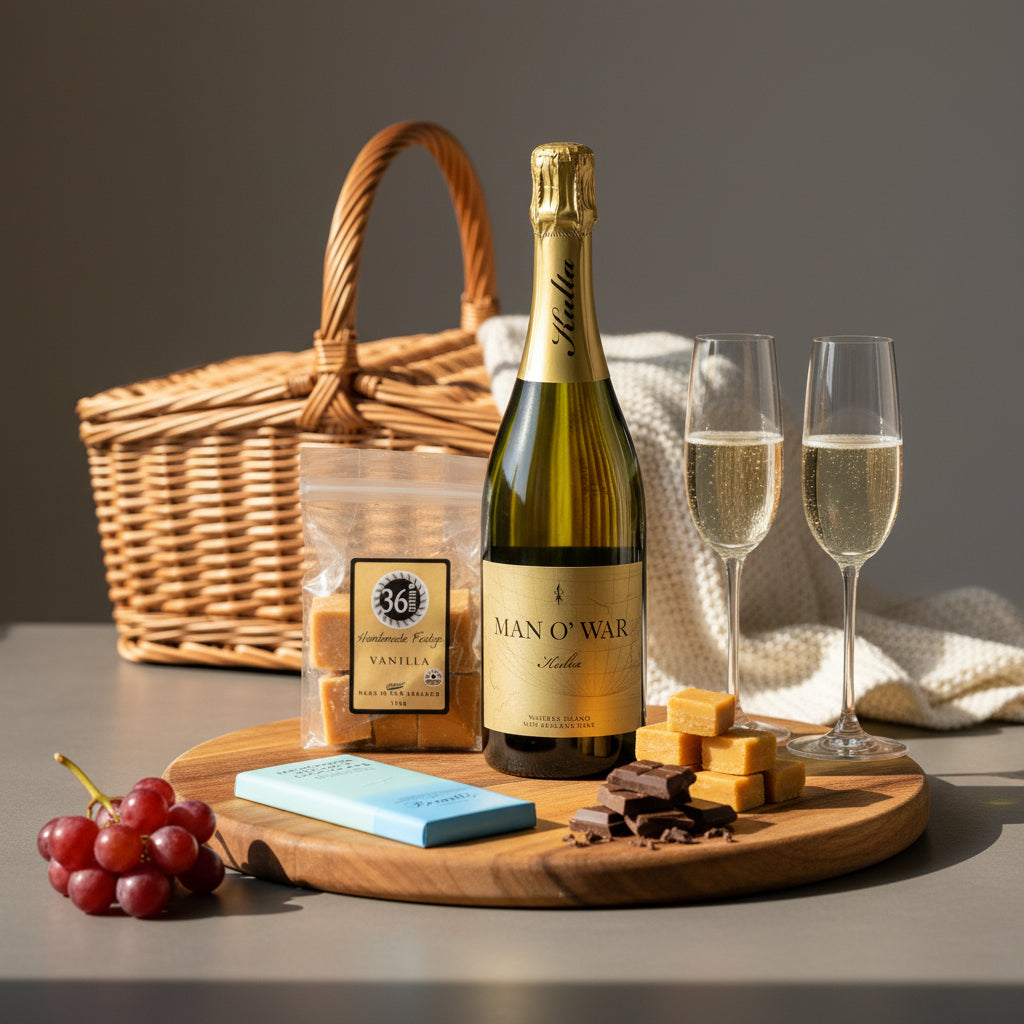 Load image into Gallery viewer, A luxury sparkling wine and chocolate gift hamper styled on a wooden tray, featuring a bottle of Man O’ War Kulta Tulia Blanc de Blanc, a wicker picnic basket, a bag of 36 Degrees vanilla fudge, a bar of Bennett's Mangawhai Sea Salt chocolate and chocolate pieces, grapes, and two filled champagne flutes on a neutral grey background.
