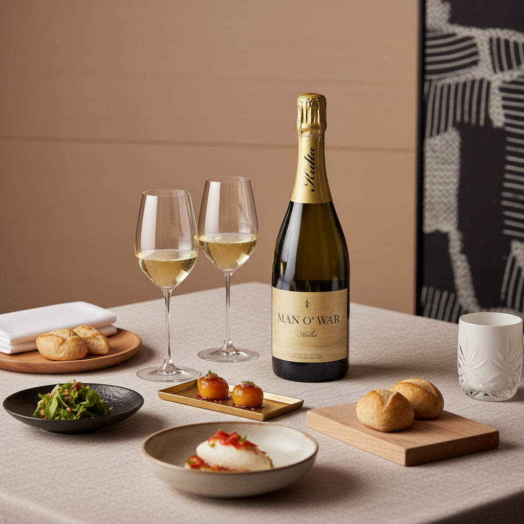 Load image into Gallery viewer, A bottle of Man O’ War Kulta Tulia Blanc de Blanc sparkling wine with two filled wine glasses, bread, and small appetisers arranged on a table against a warm beige wall.