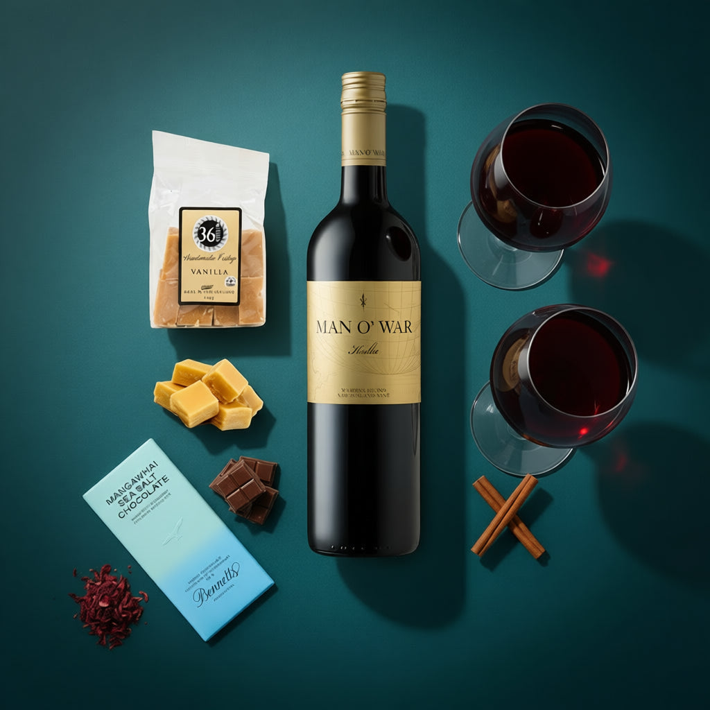 Load image into Gallery viewer, A Man O' War Kulta 'Tytti' Bordeaux Blend red wine bottle is arranged on a dark teal background with two filled red wine glasses, a bag of 36 Degrees vanilla fudge, vanilla fudge pieces, dark chocolate chunks, a blue bar of Bennett's Mangawhai Sea Salt chocolate, and cinnamon sticks.