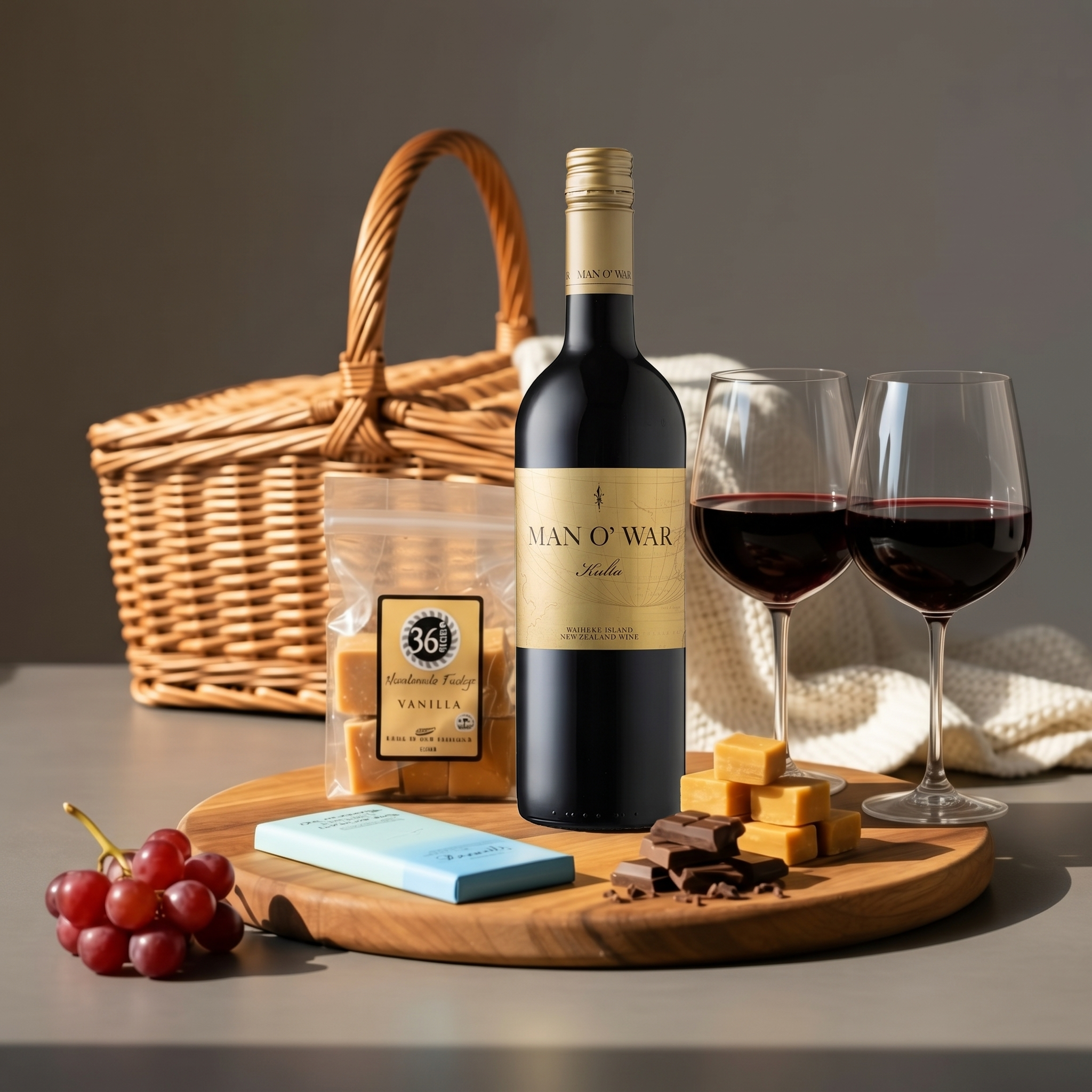 Load image into Gallery viewer, A luxury red wine gift set arranged on a round wooden tray, featuring a bottle of Man O' War Kulta 'Tytti' Bordeaux Blend red wine, two glasses of red wine, a wicker picnic basket, a bag of 36 Degrees  vanilla fudge, a Bennett's Mangawhai Sea Salt chocolate bar, grapes, and chocolates on a grey tabletop.