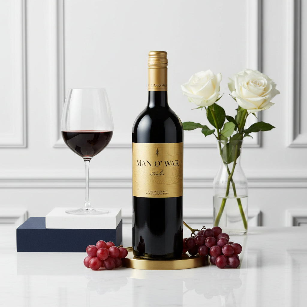 Load image into Gallery viewer, A bottle of Man O' War Kulta 'Tytti' Bordeaux Blend red wine stands on a gold stand on a white table, with a glass of red wine, white roses in a vase, and red grapes arranged around it against a white panelled wall.