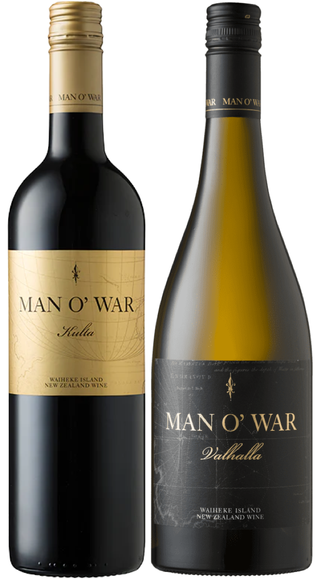 Two bottles of Man O' War wine, one Kulta Tytti red and one Valhalla Chardonnay white wine, on a white background.