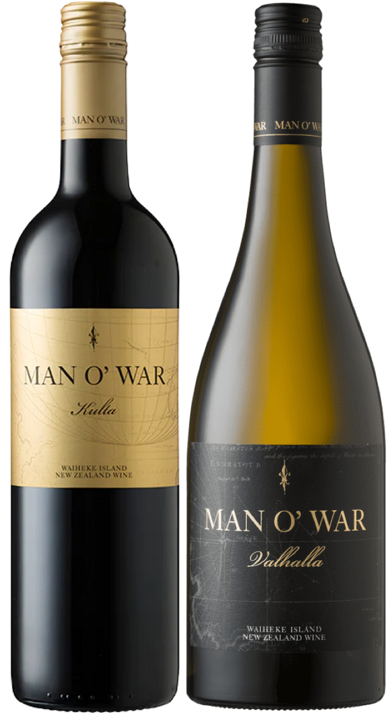 Two bottles of Man O' War wine, one Kulta Tytti red and one Valhalla Chardonnay white wine, on a white background.