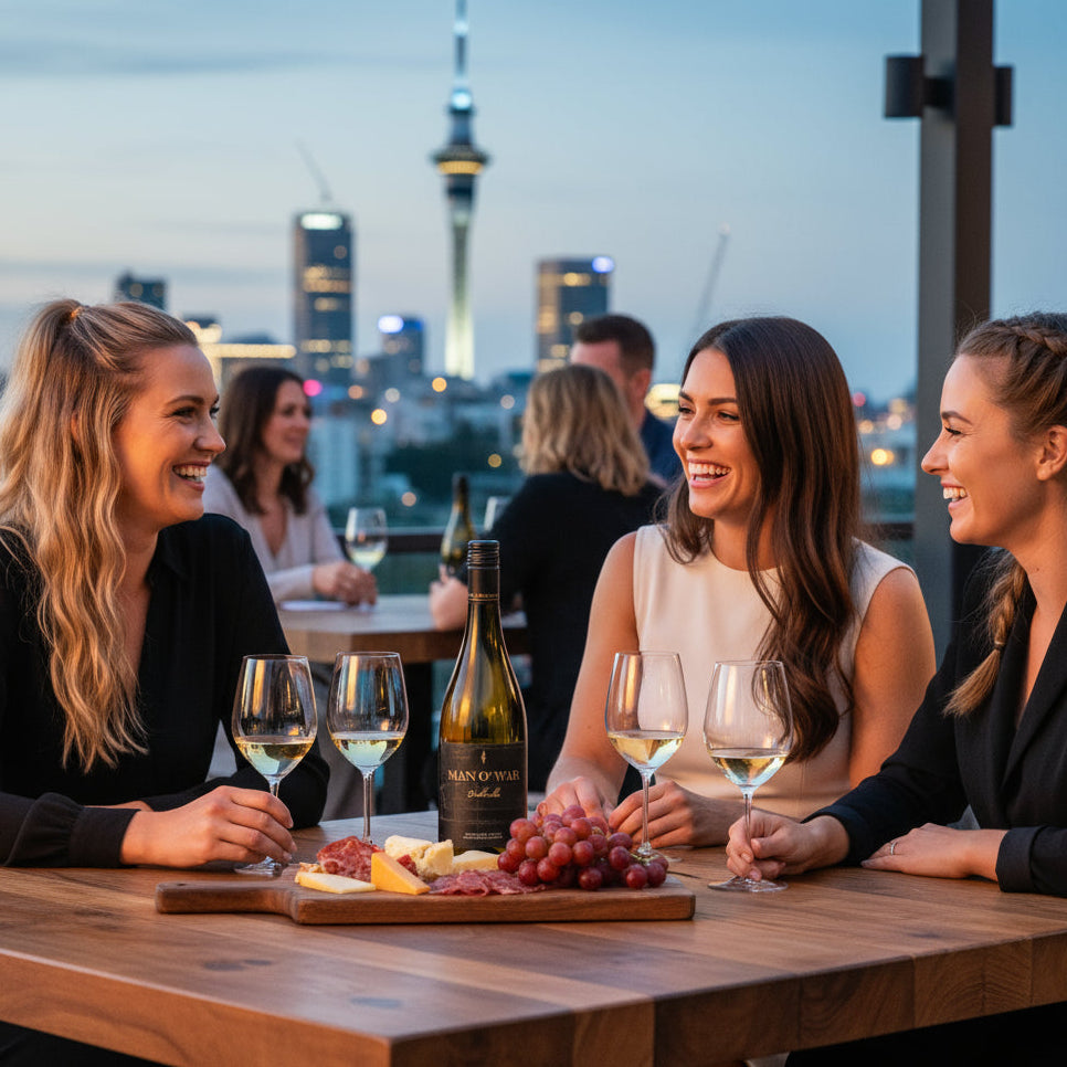 Load image into Gallery viewer, Three women enjoying a Bottle of Man O' War Valhalla Chardonnay white wine in an Auckland restaurant with the Auckland Sky Tower in the background.