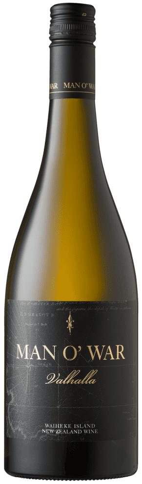 An image of a bottle of the beautifully rich, full-some & harmonious Man O' War Valhalla Waiheke Island Chardonnay. This white wine will impress on any occasion.