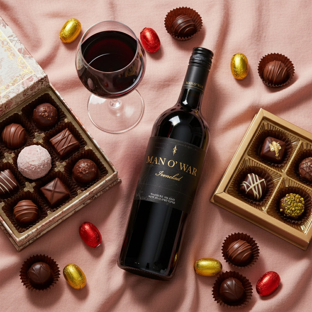 Load image into Gallery viewer, Man O' War Ironclad Bordeaux Blend wine bottle with chocolates and a glass of red wine on a pink surface