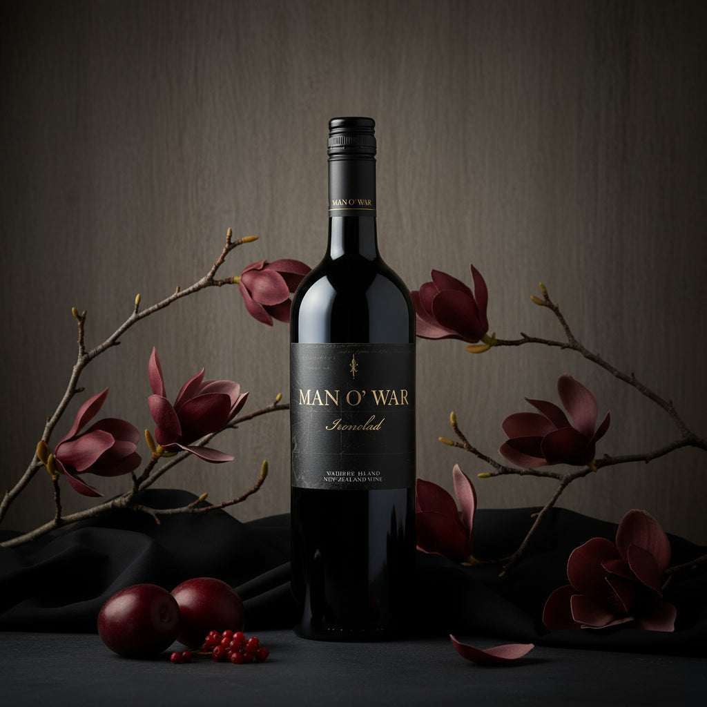 Bottle of Man O' War Ironclad Bordeaux Blend red wine with floral and fruit decorations on a dark background