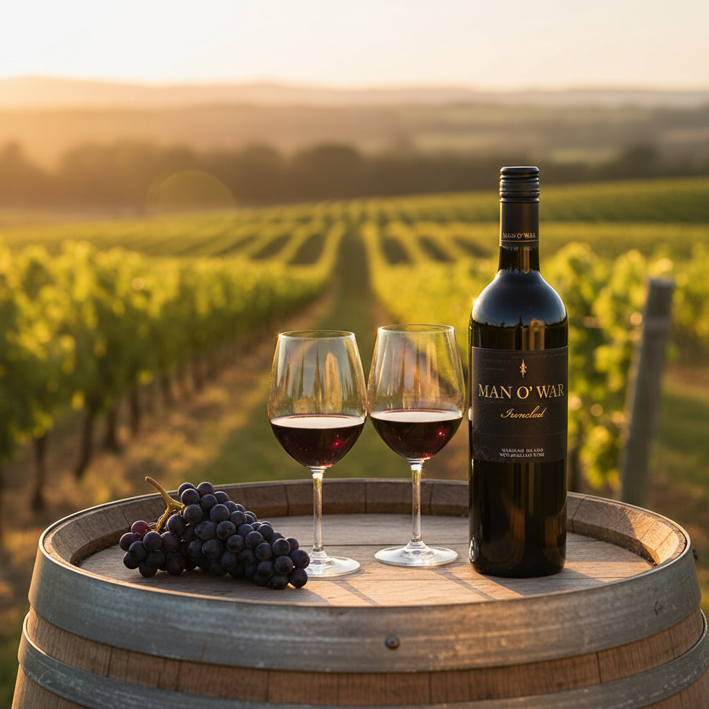 Load image into Gallery viewer, Bottle of Man O' War Ironclad Bordeaux Blend wine, two glasses, and grapes on a wooden barrel with vineyard background