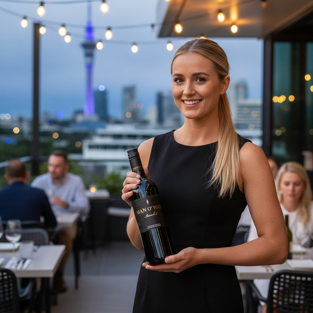 Load image into Gallery viewer, Woman holding a bottle of Man O' War Ironclad Bordeaux Blend wine in an outdoor restaurant setting with a city skyline in the background.