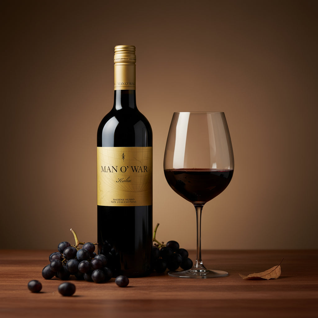 Load image into Gallery viewer, Bottle of Man O' War Kulta Tytti Red Blend wine with a glass and grapes on a wooden surface