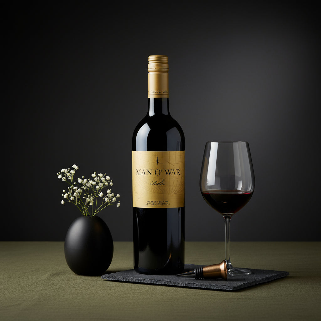 Load image into Gallery viewer, Bottle of Man O' War Kulta Tytti Red Blend wine with a glass on a dark background