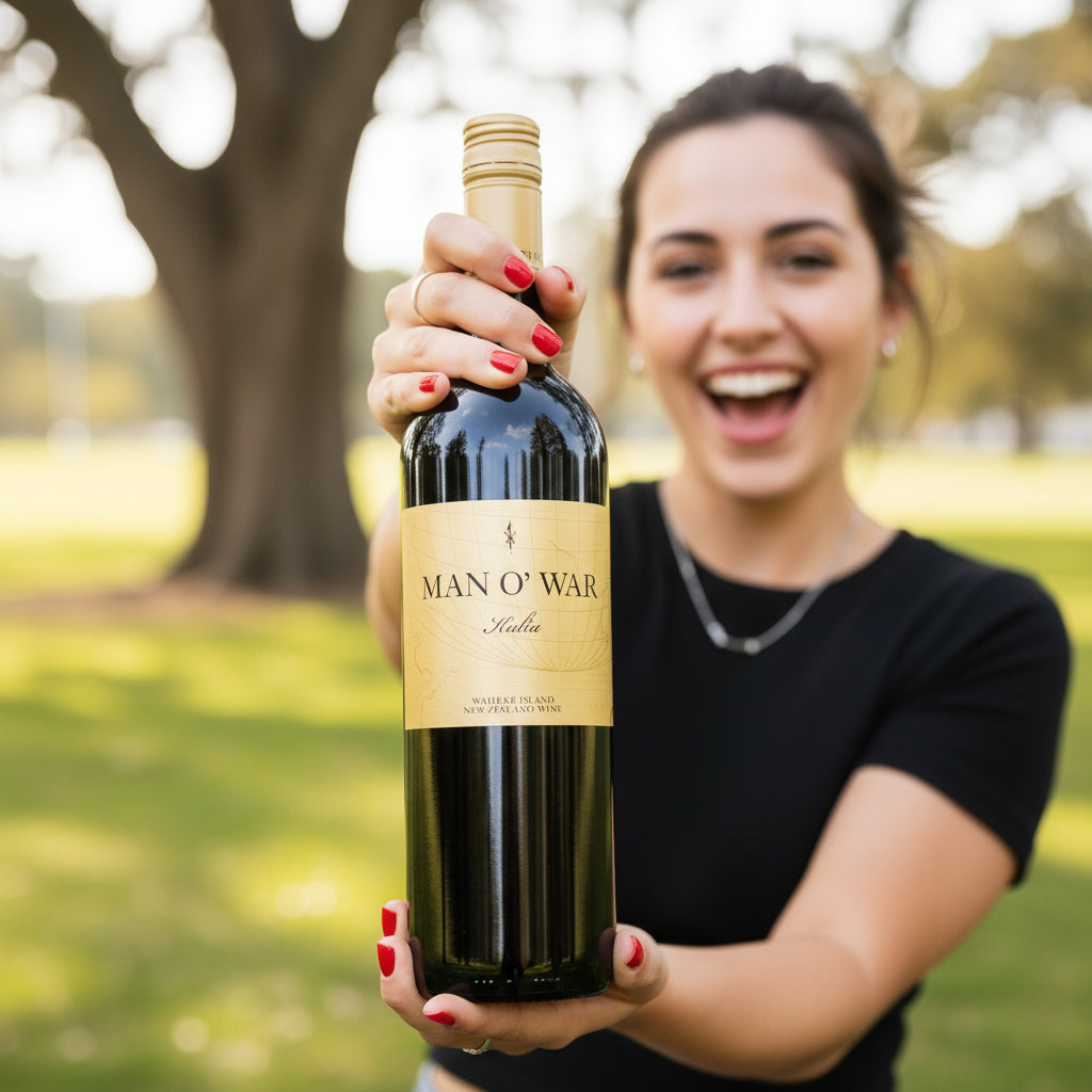 Woman holding a bottle of Man O' War Kulta Tytti Red Blend wine outdoors