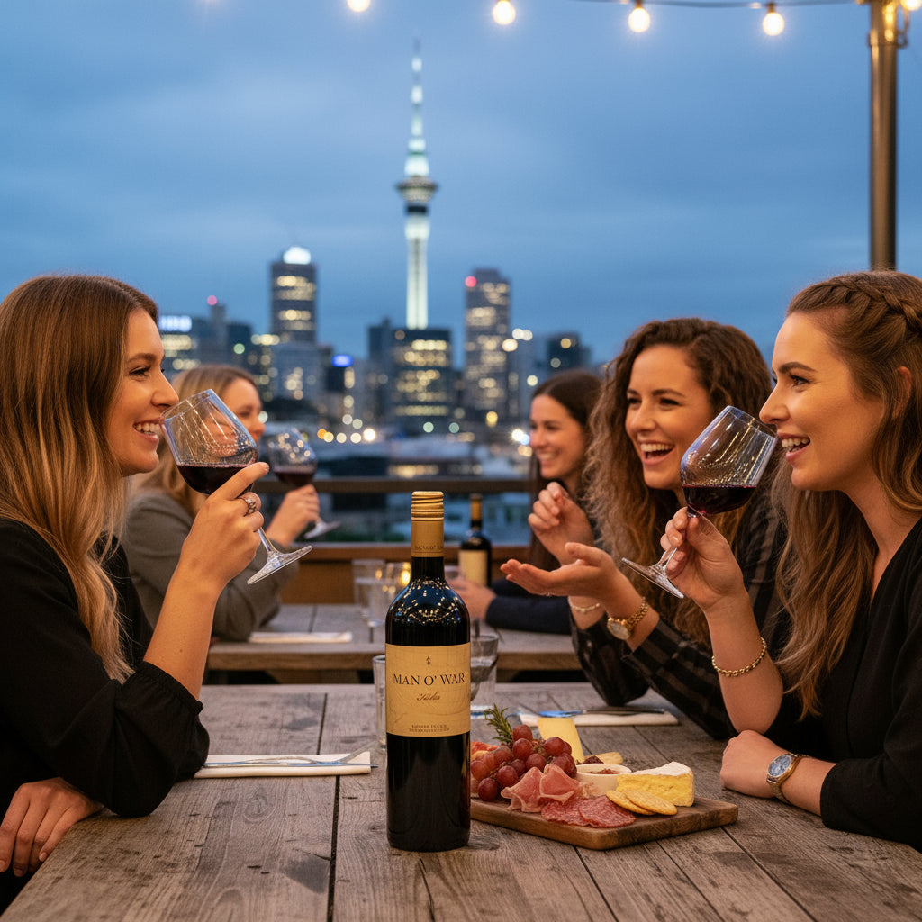 Group of women enjoying a bottle of Man O' War Kulta Tytti Red Blend wine and food at a rooftop bar with city skyline in the background