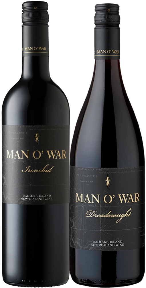 Two bottles of Man O' War wine, one labeled 'Dreadnought' and one labeled 'Ironclad', in a gift box packaging.
