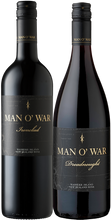 Load image into Gallery viewer, Two bottles of Man O' War wine, one labeled 'Dreadnought' and one labeled 'Ironclad', in a gift box packaging.