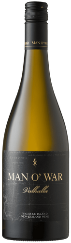 An image of a bottle of the beautifully rich, full-some & harmonious Man O' War Valhalla Waiheke Island Chardonnay. This white wine will impress on any occasion.