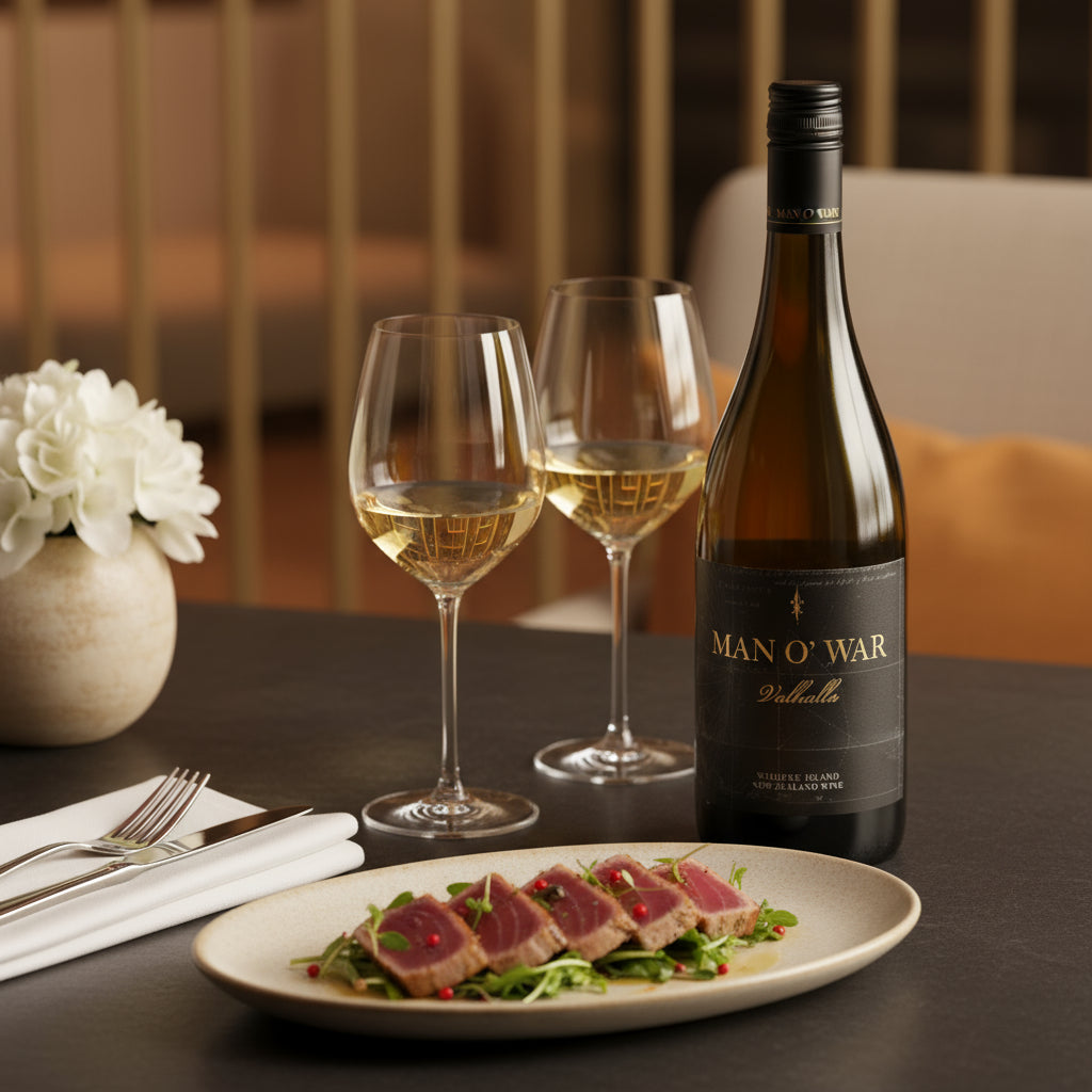 Load image into Gallery viewer, Bottle of Man O' War Valhalla Chardonnay white wine next to a plate of tuna fish in a restaurant.
