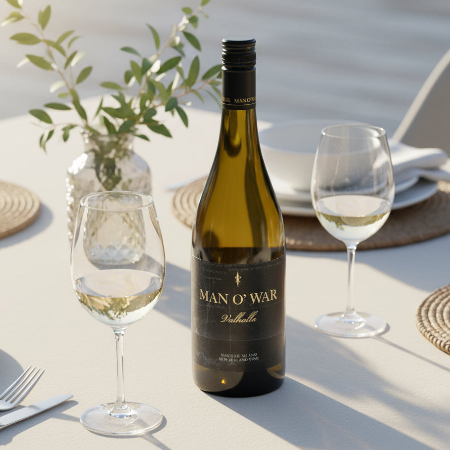 Load image into Gallery viewer, Bottle of Man O' War Valhalla Chardonnay white wine on a table next to two half-full wine glasses.